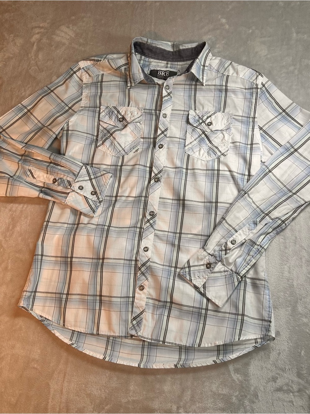 BKE Athletic Fit Plaid Button Down Shirt Men’s Large Blue Gray Western